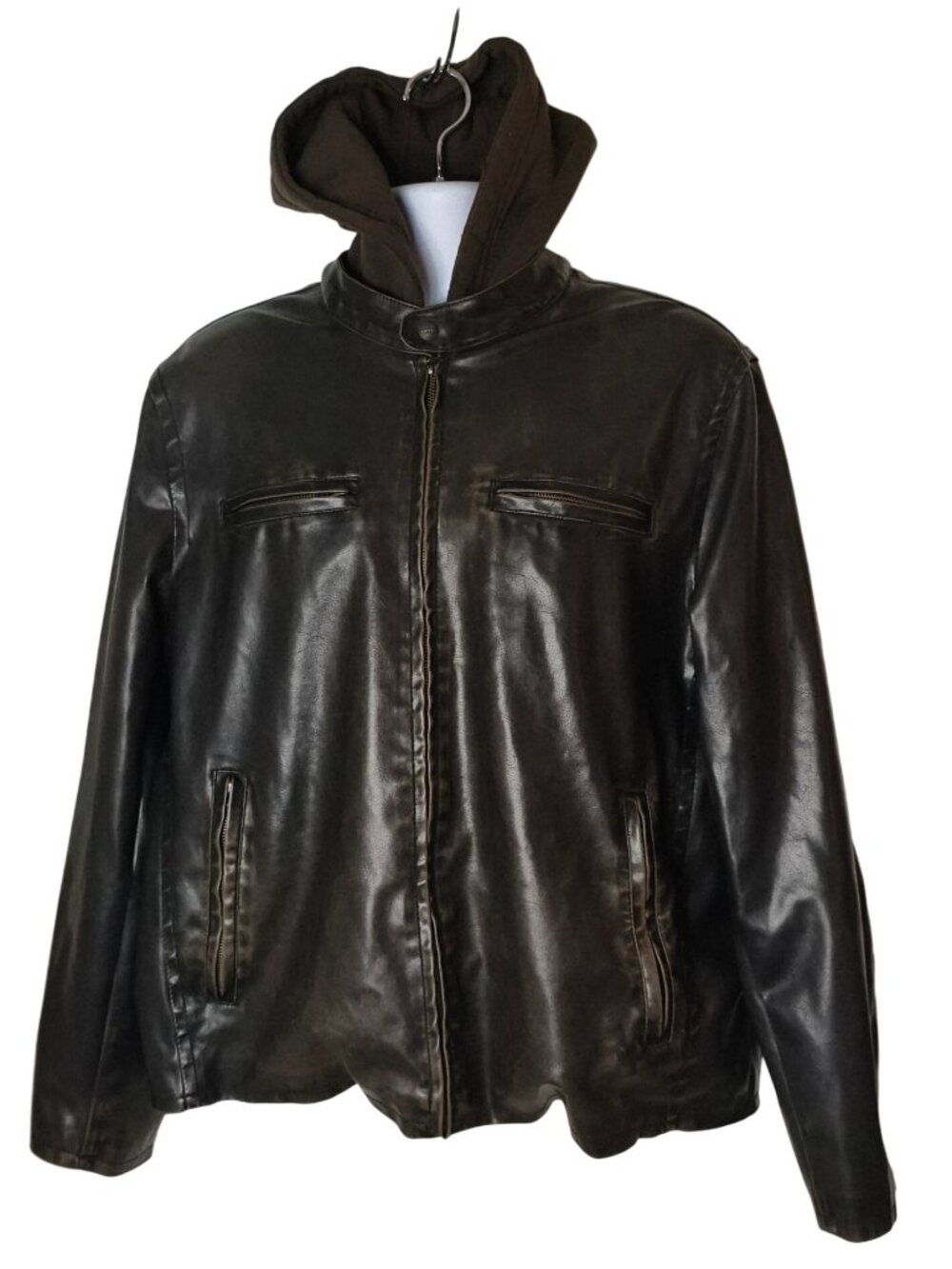 Vtg Levis Mens L Moto Coat Distressed Hooded Brown Leather Fleece Lined Jacket